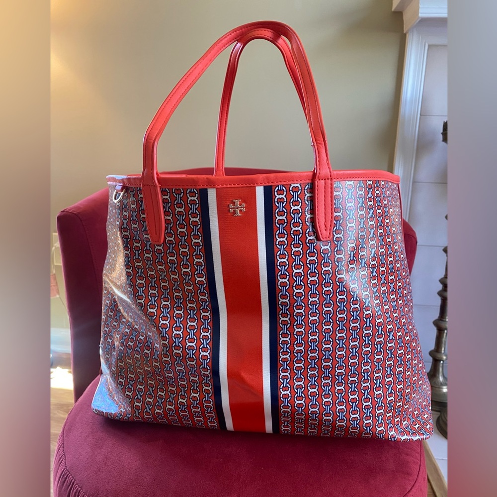 TORY BURCH Orange Gemini Link Open Top Large Tote